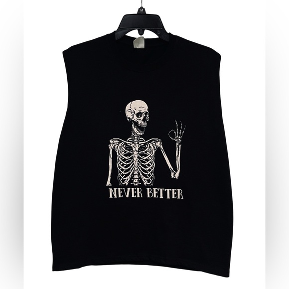 NWOT Large Sleeveless Black Cotton Blend Skeleton Humor Shirt - Picture 1 of 4